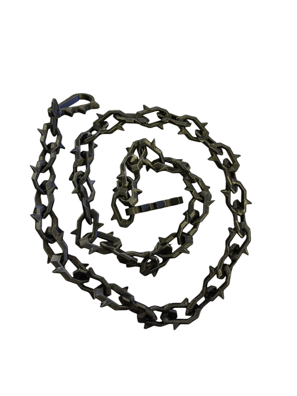 A coiled black 3d printed chain with spikey links, shown on a plain white background.