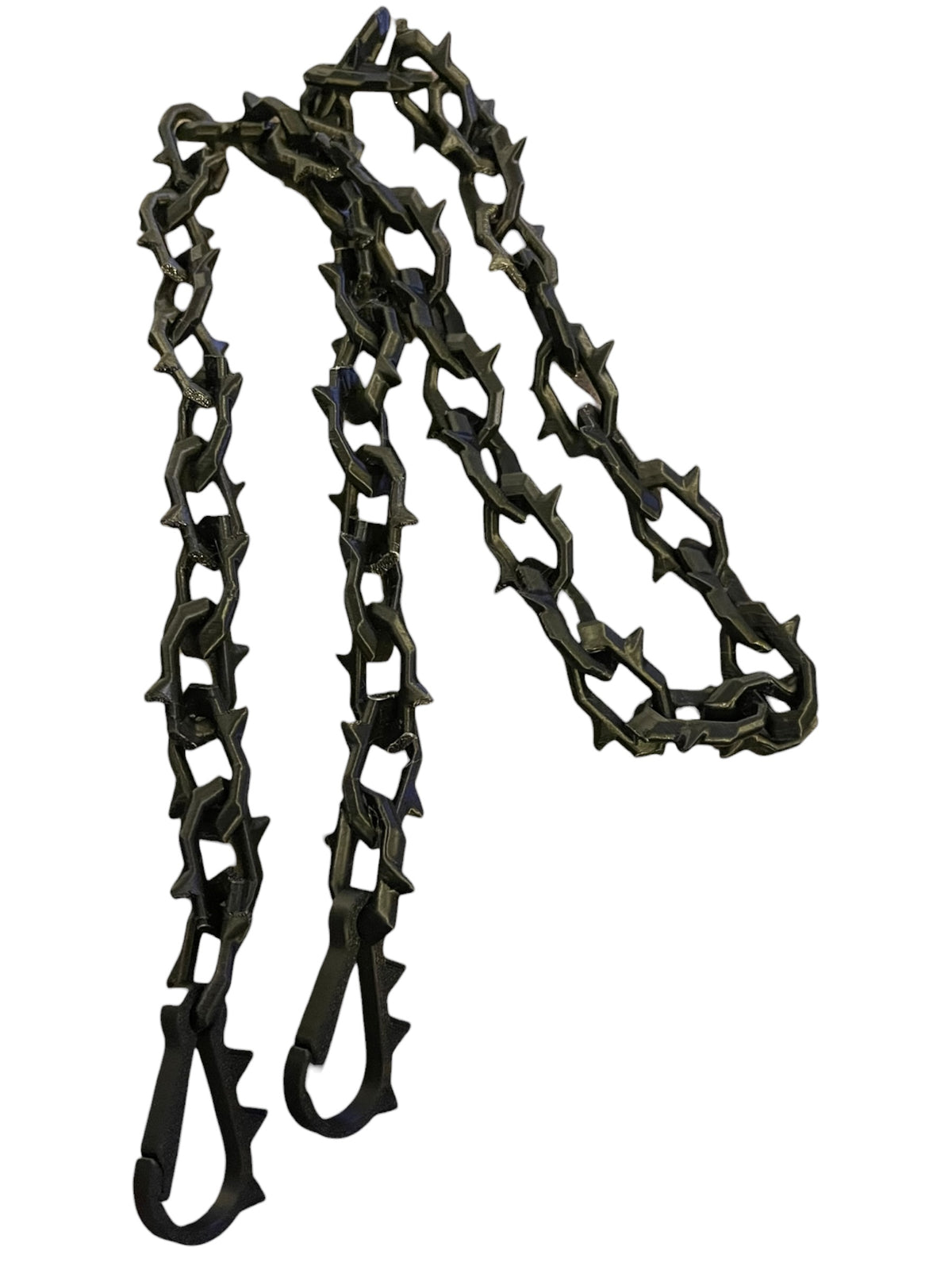 A black 3d printed chain with spikey links and custom hooks at both ends, shown on a plain white background.