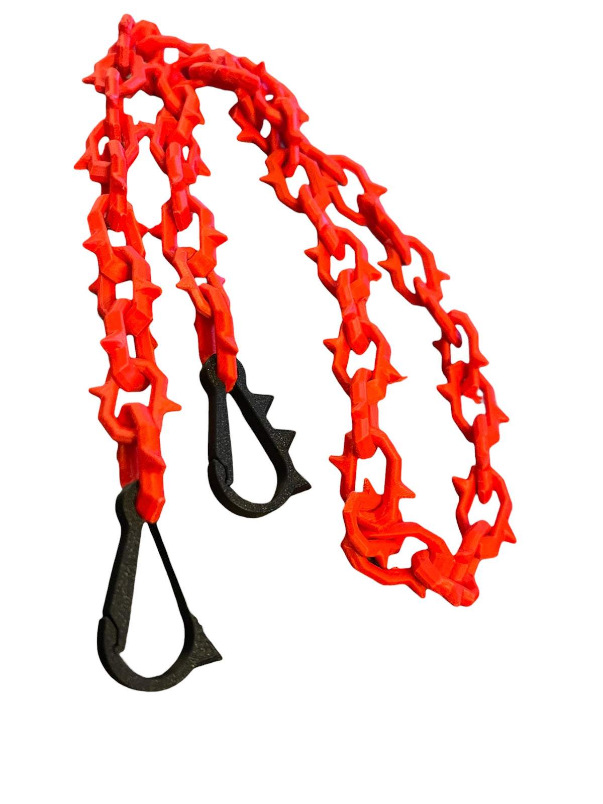 A bright red 3d printed wallet chain with black custom carabiner clips, shown on a plain white background.