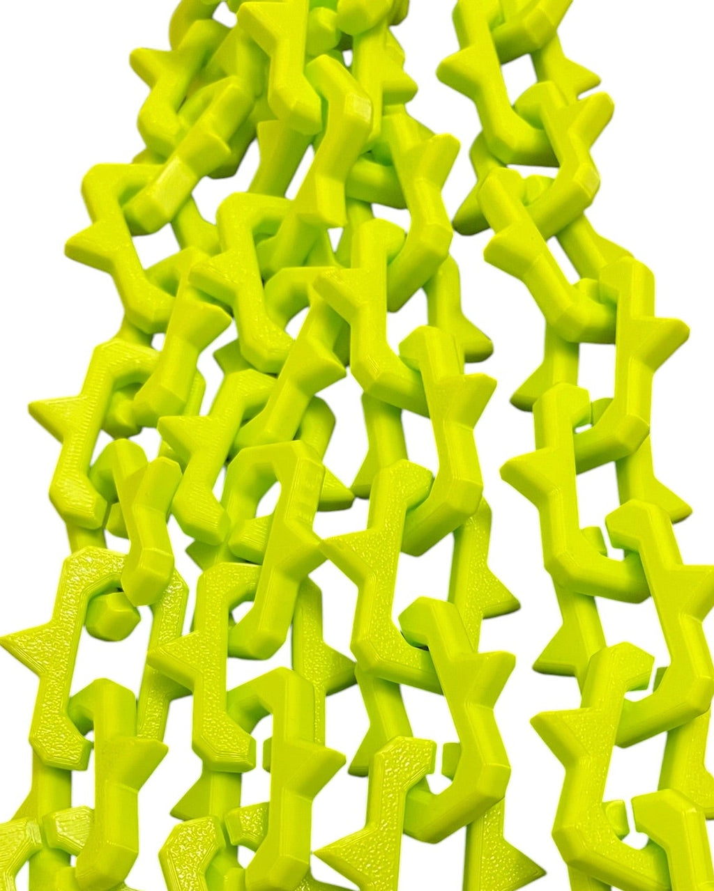 Bright neon green plastic keychain lanyards with interlocking studded links and gun metal color lobster clasp rings, shown on a plain white background.