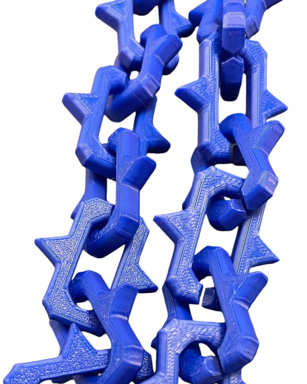 Bright blue plastic keychain lanyards with interlocking studded links and gun metal color lobster clasp rings, shown on a plain white background.