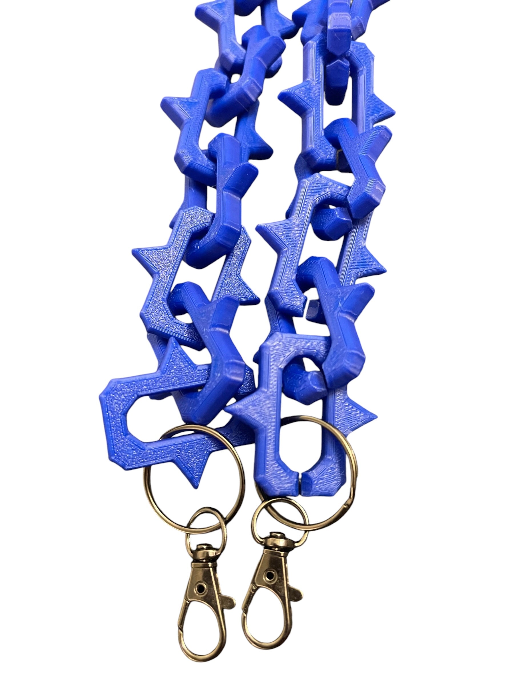 Bright blue plastic keychain lanyards with interlocking studded links and gun metal color lobster clasp rings, shown on a plain white background.
