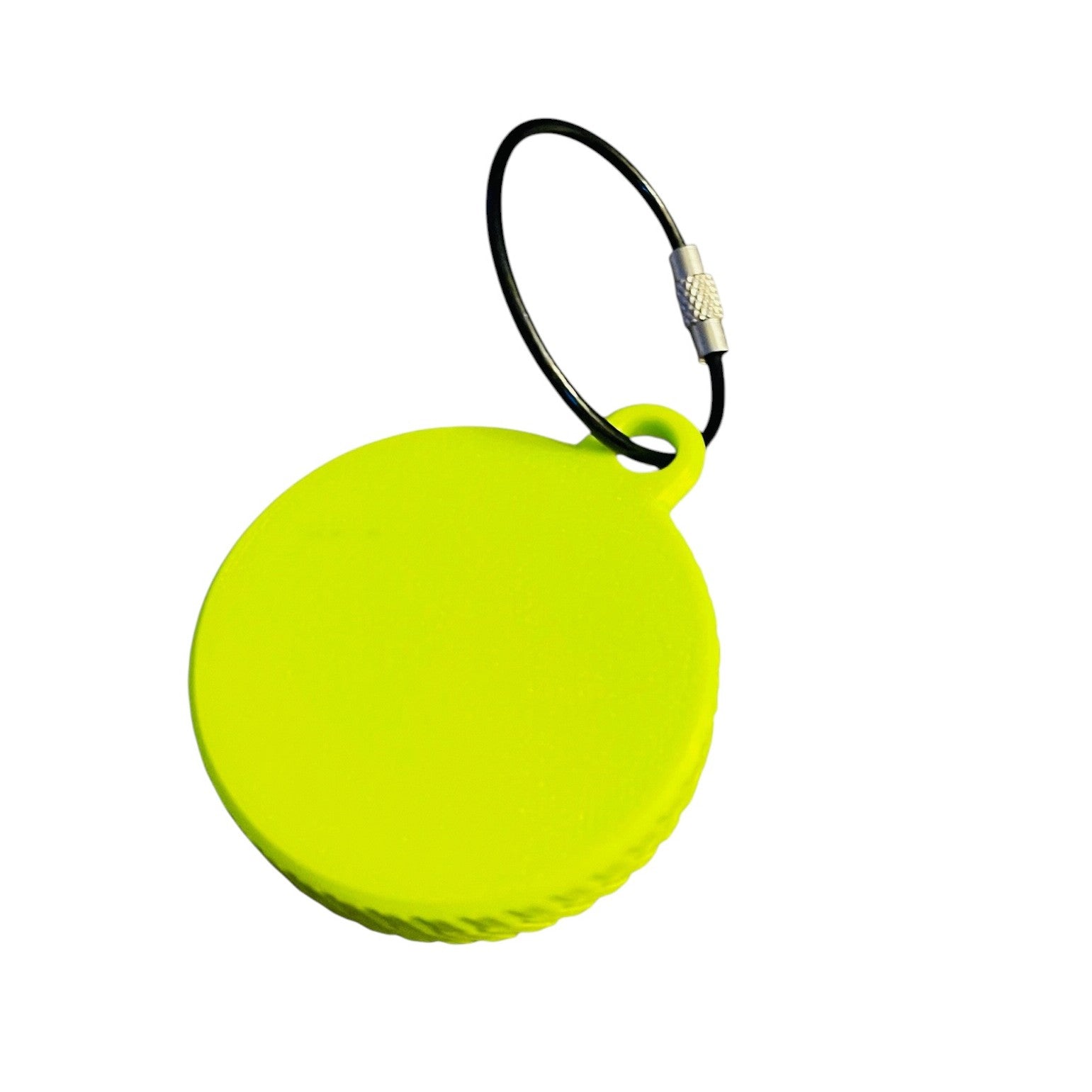 The back of an electric green screw top container keychain on a white background, designed to hold an AirTag. Features a wire keychain connector.