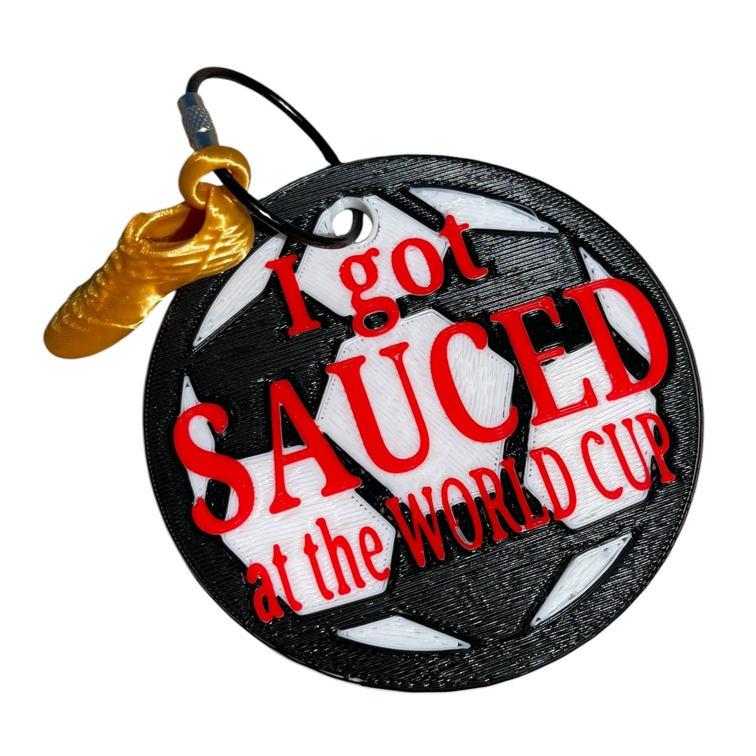Funny Soccer Ball I Got Sauced at the Big Game Keychain – Yellow Shoe Charm | 3D Printed PLA