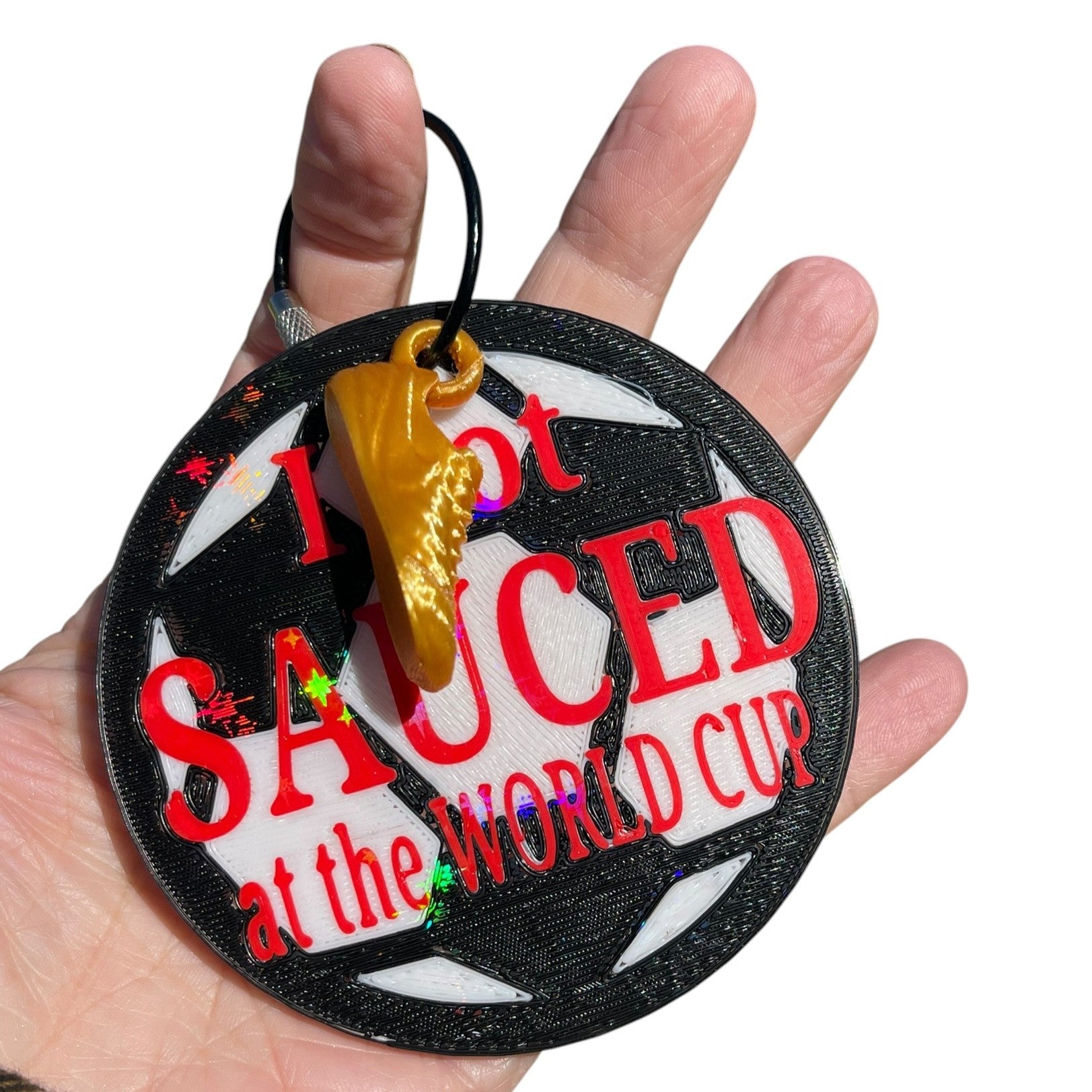Funny Soccer Ball I Got Sauced at the Big Game Keychain – Yellow Shoe Charm | 3D Printed PLA