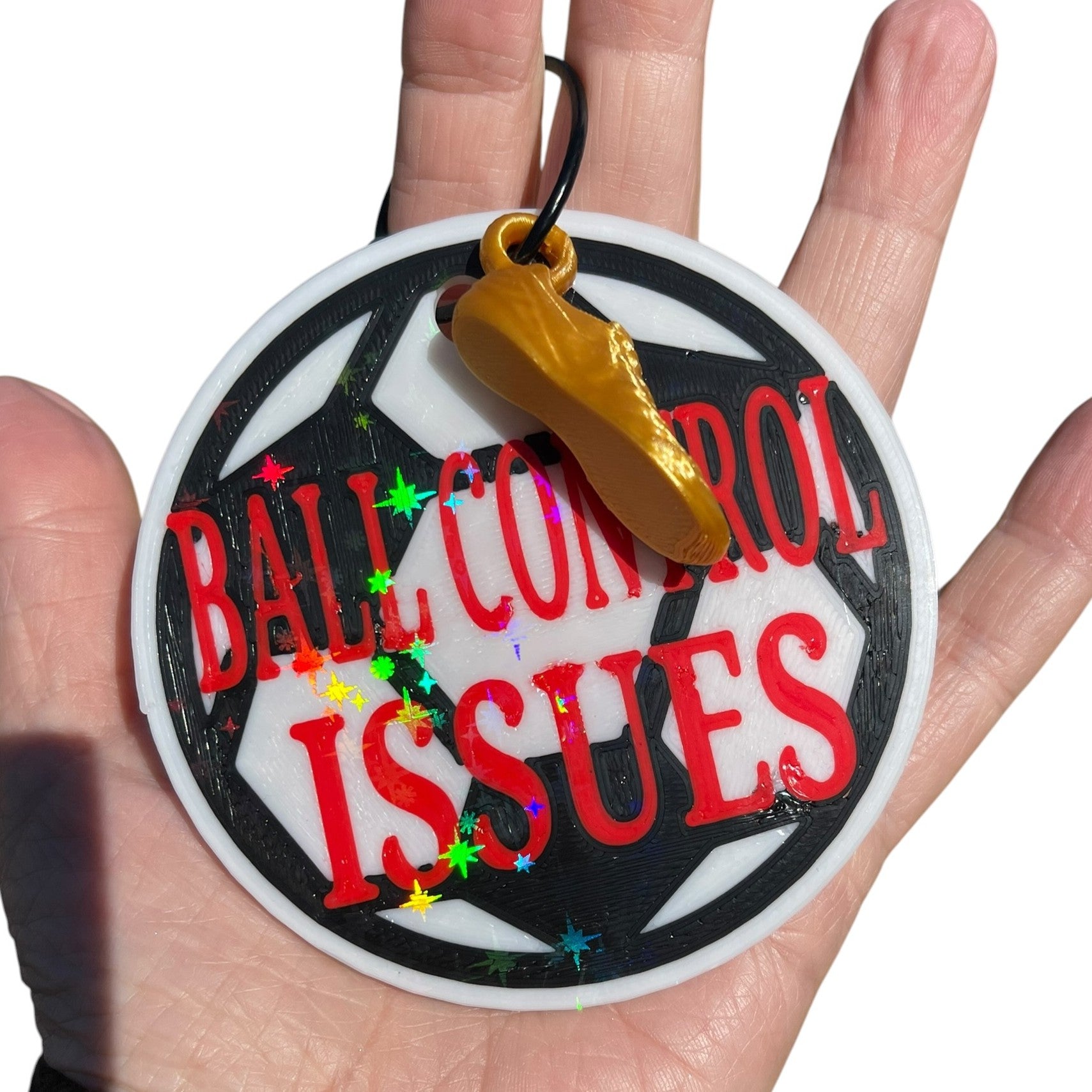 Funny Soccer Ball Control Issues Keychain – Yellow Shoe Charm | 3D Printed PLA