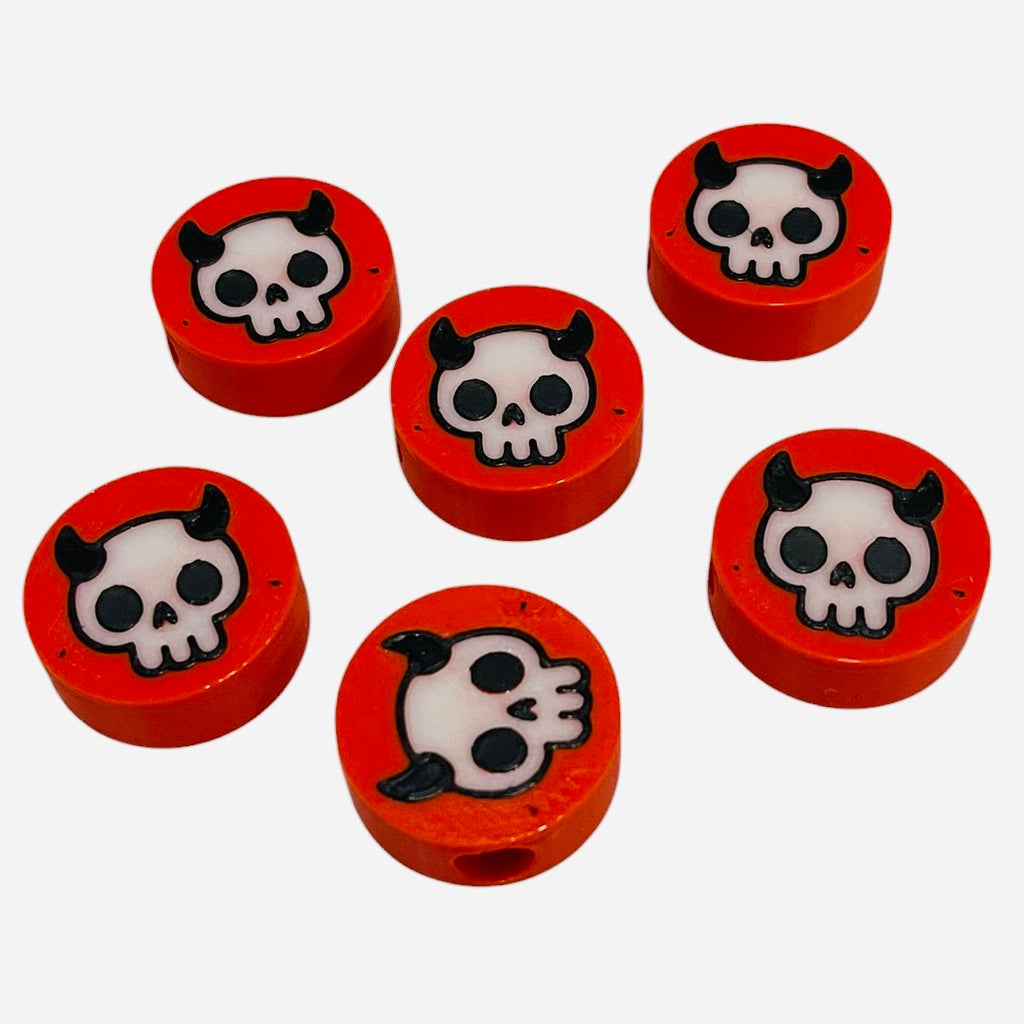 3D Printed Red Horned Skull Round Kandi Beads - Set of 6 Rave Festival Beads