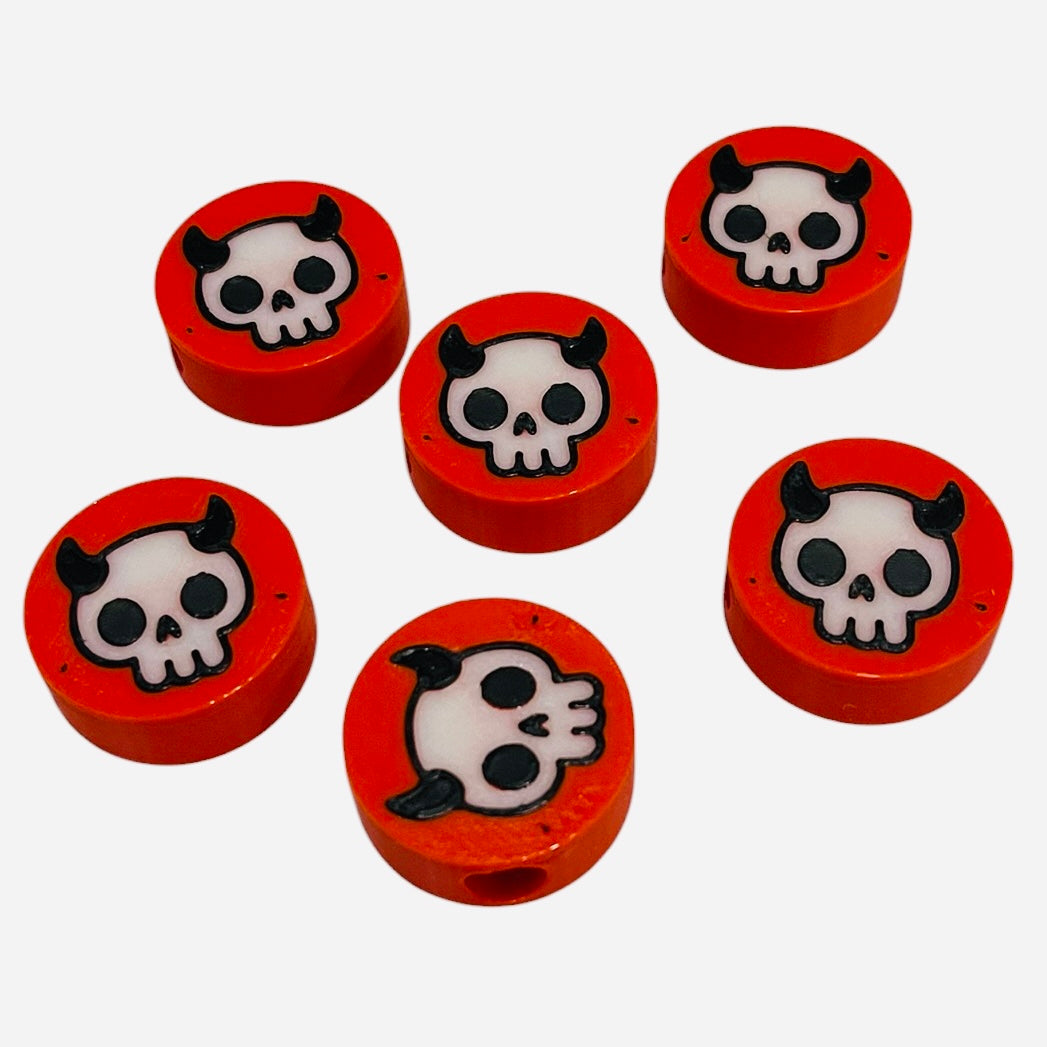 3D Printed Red Horned Skull Round Kandi Beads - Set of 6 Rave Festival Beads