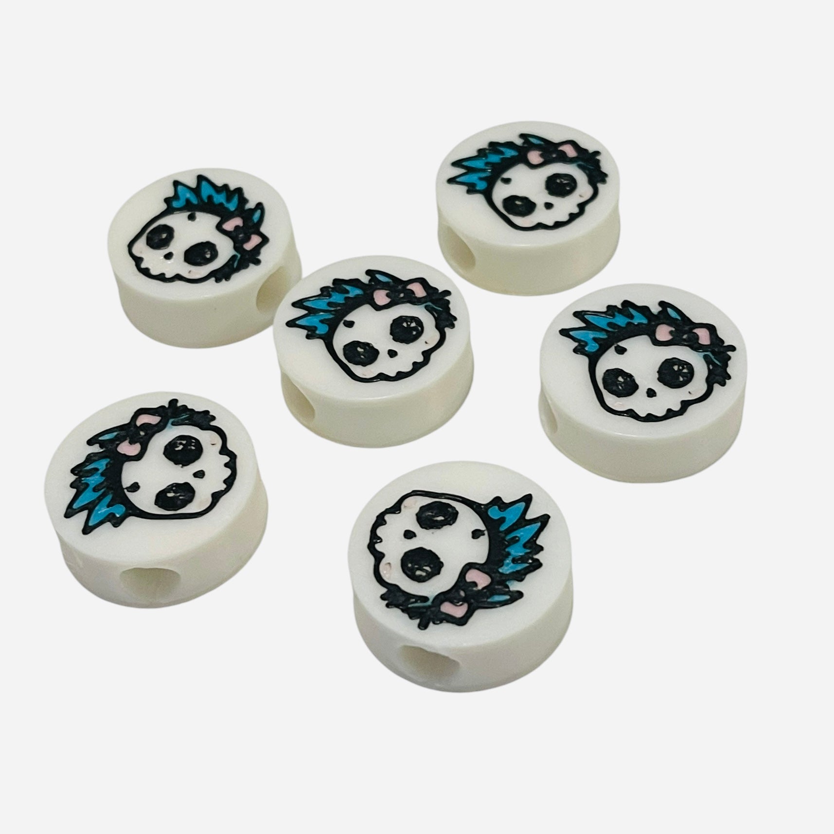 3D Printed Blue Hair Skull Round Kandi Beads - Set of 6 Rave Festival Beads