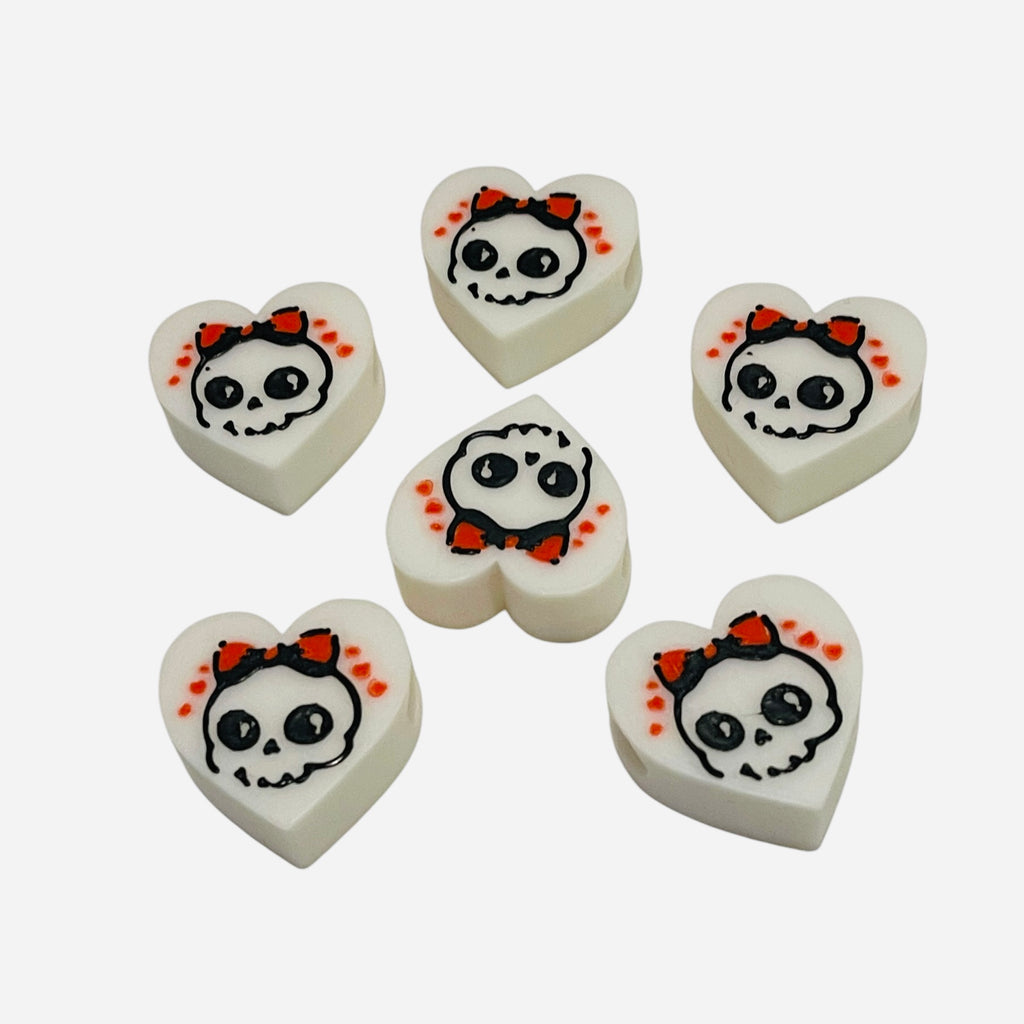 3D Printed Girly Skull Red Bow Heart Kandi Beads - Set of 6 Rave Festival Beads