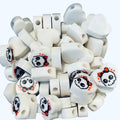 White heart shaped beads with girly skull design with a red bow.
