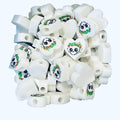 White heart-shaped beads with a girly skull design with a green floral crown on a white background.