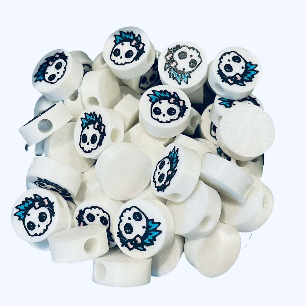 3D Printed Blue Hair Skull Round Kandi Beads - Set of 6 Rave Festival Beads