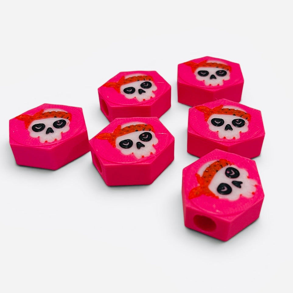 3D Printed Pink Skull Hexagon Kandi Beads - Set of 6 Rave Festival Beads