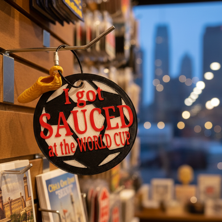 "I Got Sauced..." Soccer Keychain – Souvenir Shop Setting