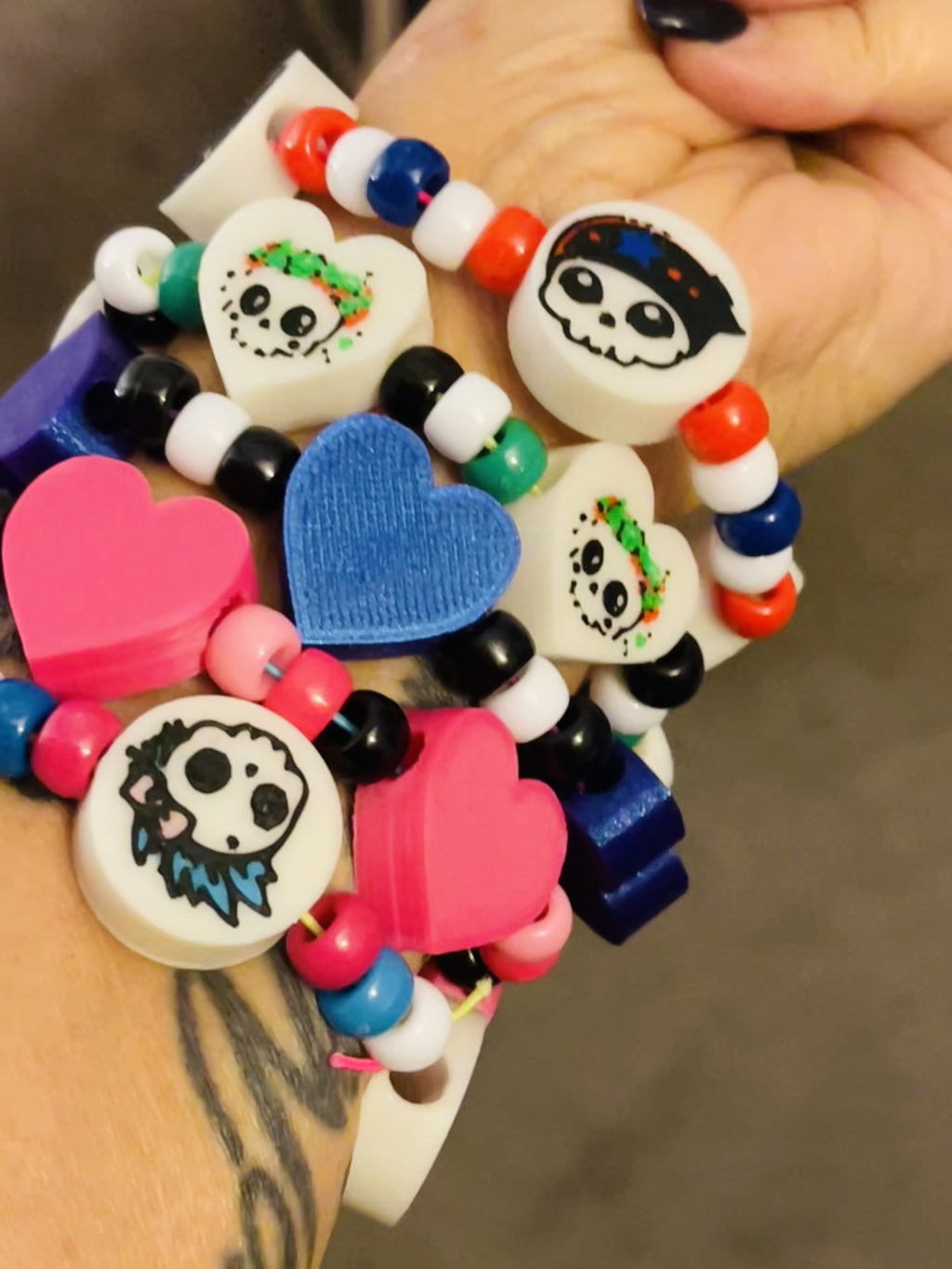 PlurSTASH™ | 3D Printed Kandi Bead Handmade PLUR Bracelets | Set of 10 Surprise Pack | Choose Hearts or Skulls