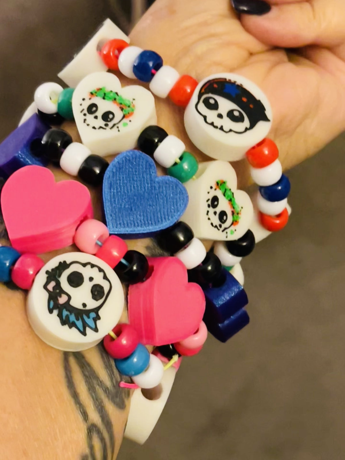 PlurSTASH™ | 3D Printed Kandi Bead Handmade PLUR Bracelets | Set of 10 Surprise Pack | Choose Hearts or Skulls