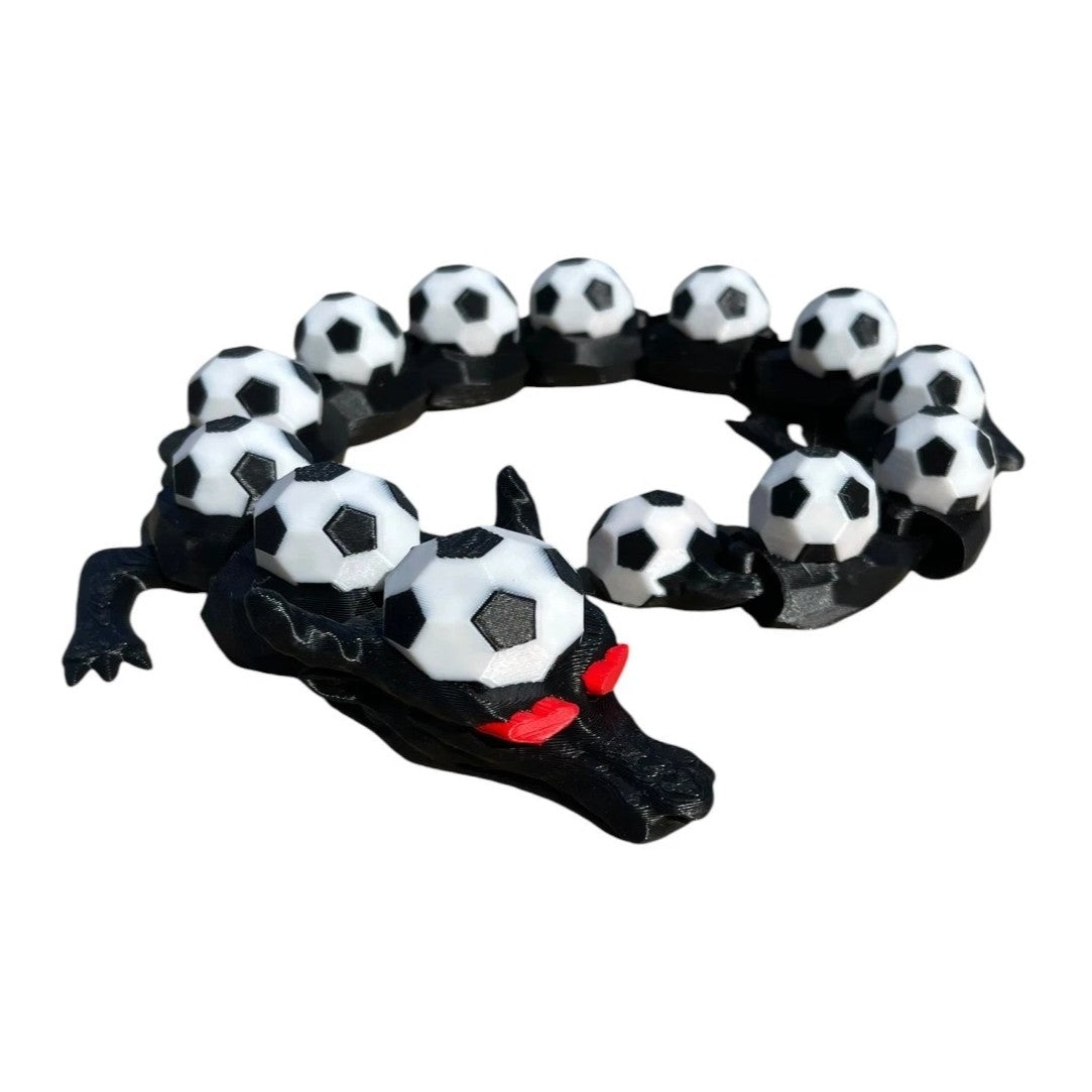 19" Articulated Soccer Dragon - 3D Printed Flexi Toy Black/White